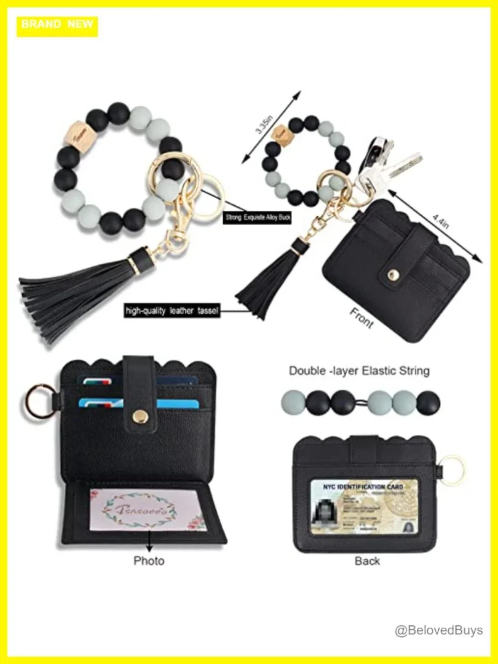 Keychain Wallet Wristlet Card Holder Bracelet PU Leather RFID Blocking Beaded